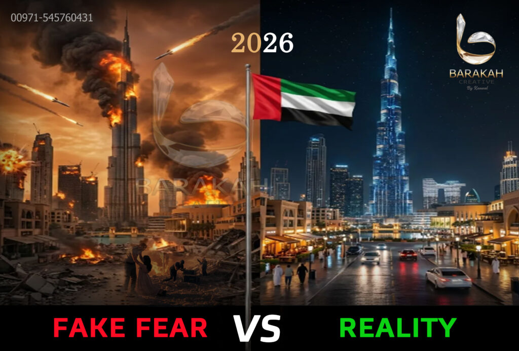 Split-screen comparison showing a fake war-torn Dubai image versus the real modern Dubai skyline with the UAE flag in 2026, illustrating the difference between online misinformation and the actual safety situation in the UAE.