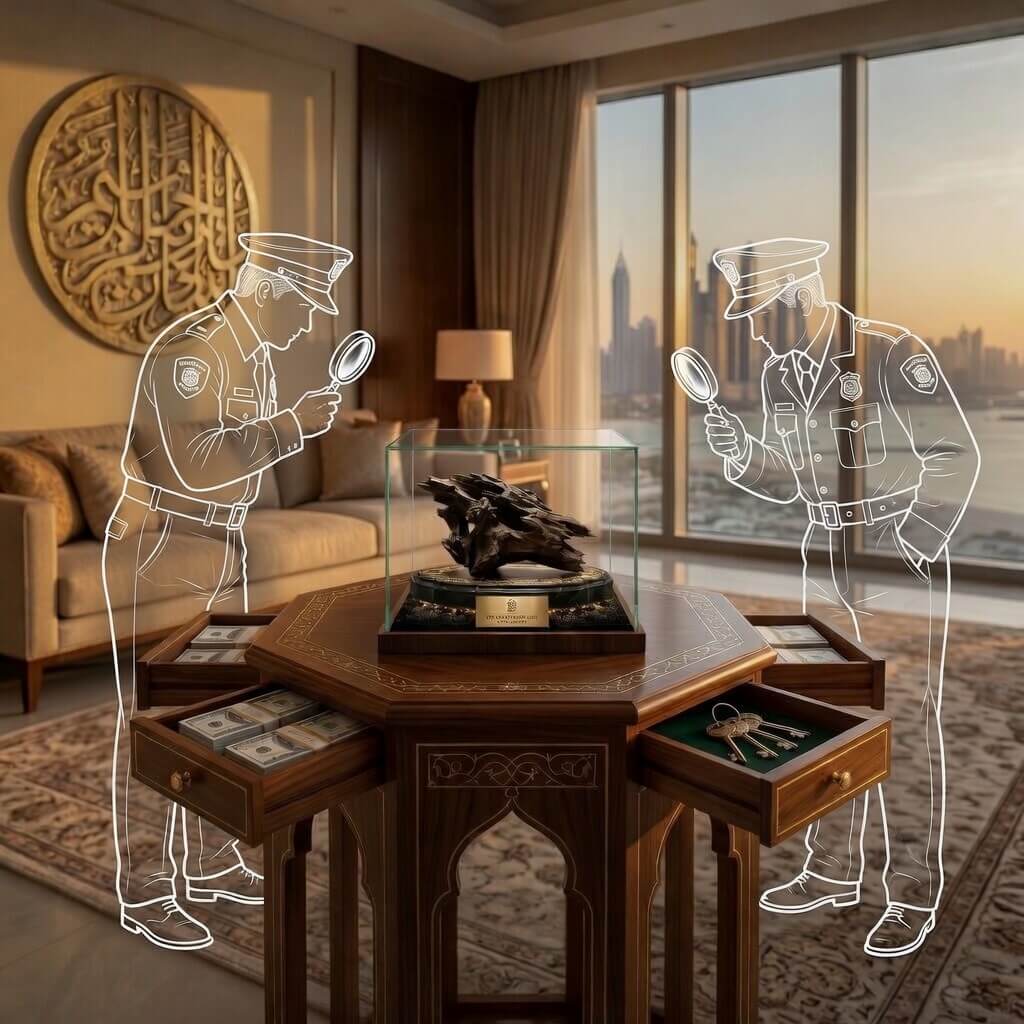 Dubai Police investigators examining stolen oud evidence at crime scene villa Dubai 2026