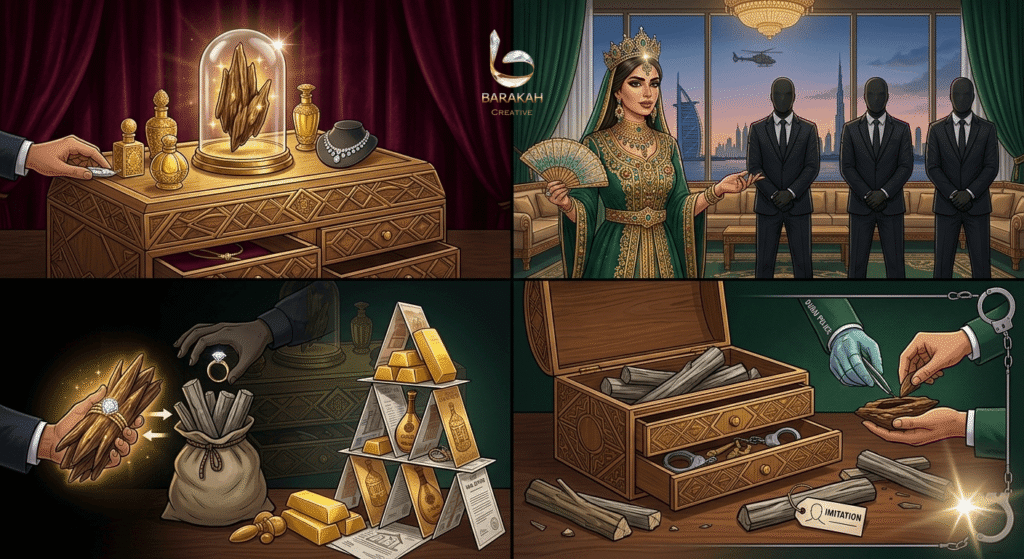 Bait and switch scam Dubai oud theft, fake princess luxury villa stolen agarwood Dubai Police arrest 2026