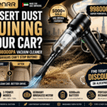 CENRR 998000PA portable car vacuum cleaner removing desert dust and dirt from a car seat, featuring powerful suction, 6000mAh battery, and Germany brushless motor for UAE drivers