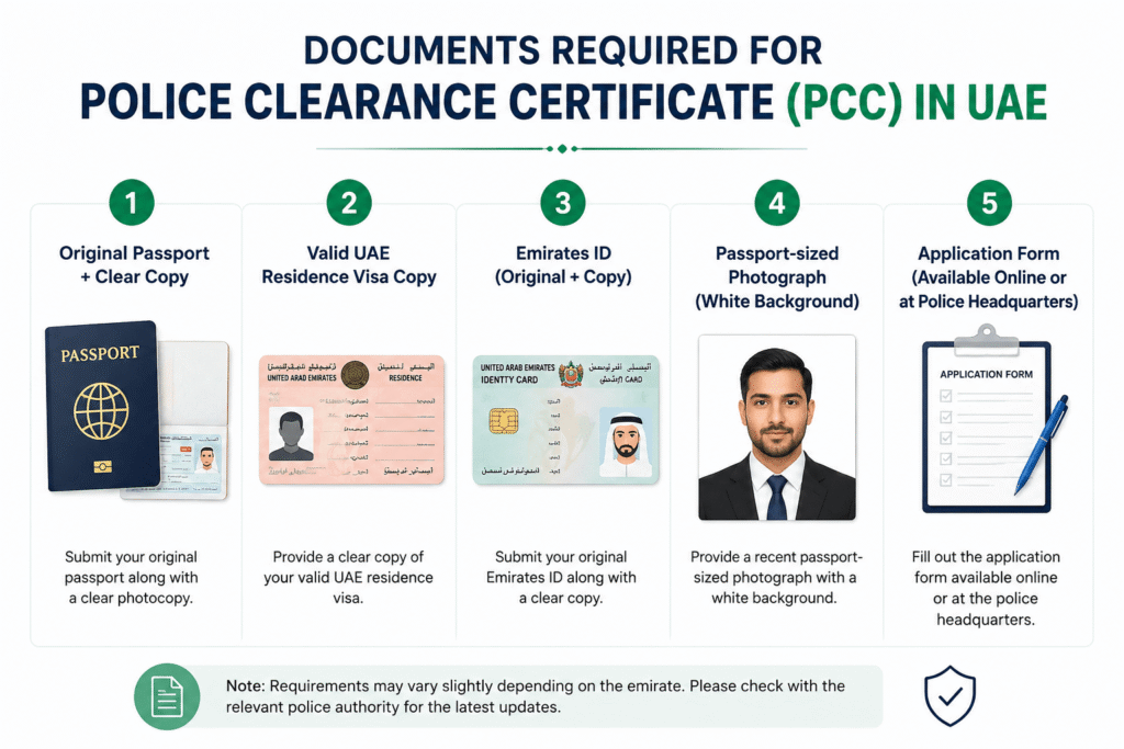 Documents required for UAE Police Clearance Certificate PCC application in 2026 المستندات المطلوبة