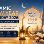 Islamic New Year Holiday 2026 UAE featuring Muharram 1448 announcement, Dubai skyline, crescent moon, Quran, lantern, and UAE public holiday guide.