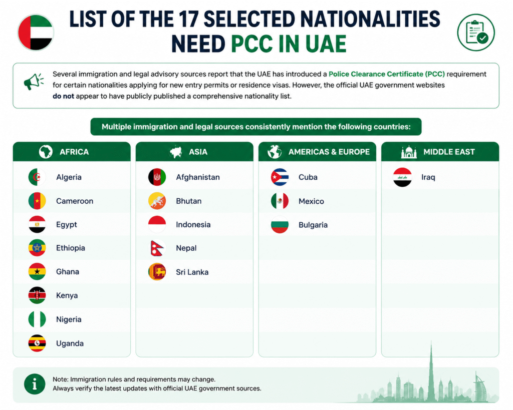 17 nationalities that may require a Police Clearance Certificate PCC for UAE visa applications in 2026