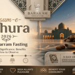 Elegant Youm-e-Ashura 2026 featured image showing a mosque, lantern, dates, and prayer beads, highlighting the significance of 10 Muharram fasting in Islam by Barakah Creative.