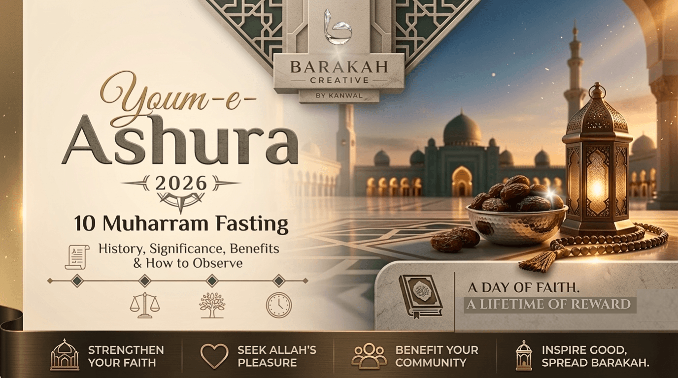 Elegant Youm-e-Ashura 2026 featured image showing a mosque, lantern, dates, and prayer beads, highlighting the significance of 10 Muharram fasting in Islam by Barakah Creative.