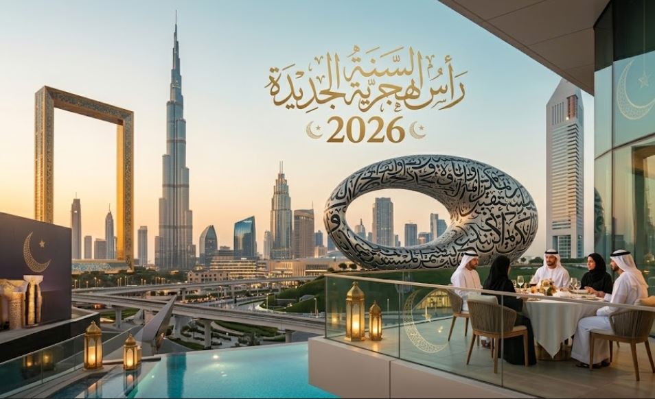 Islamic New Year Holiday 2026 UAE – Muharram 1448 celebration featuring Dubai skyline, Burj Khalifa, Museum of the Future, Emirati family gathering, and Hijri New Year decorations.