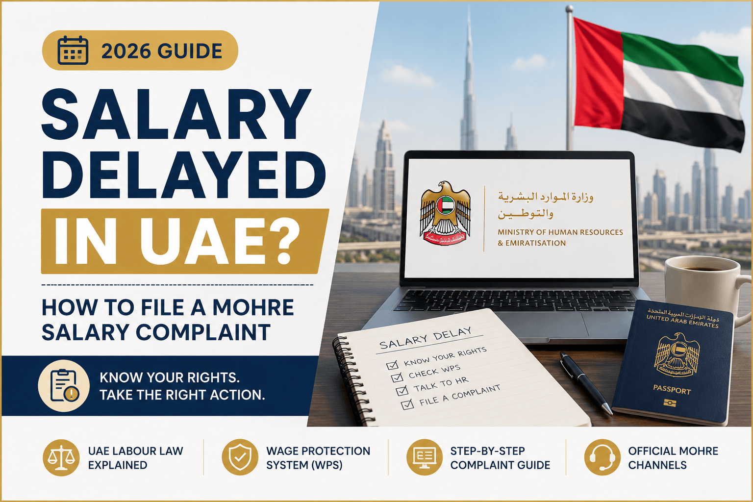 Salary Delayed in UAE guide showing MOHRE salary complaint process, UAE salary rules 2026, Wage Protection System (WPS), and employee rights in the UAE