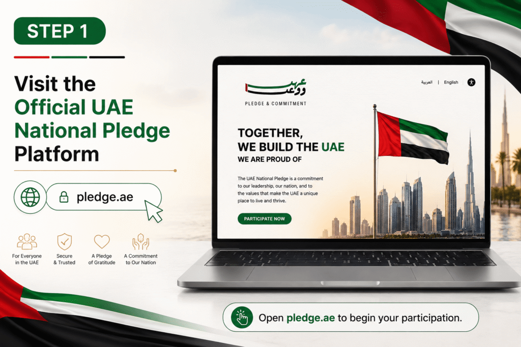 Step 1 to sign UAE National Pledge 2026 - Visit the official platform at pledge.ae
