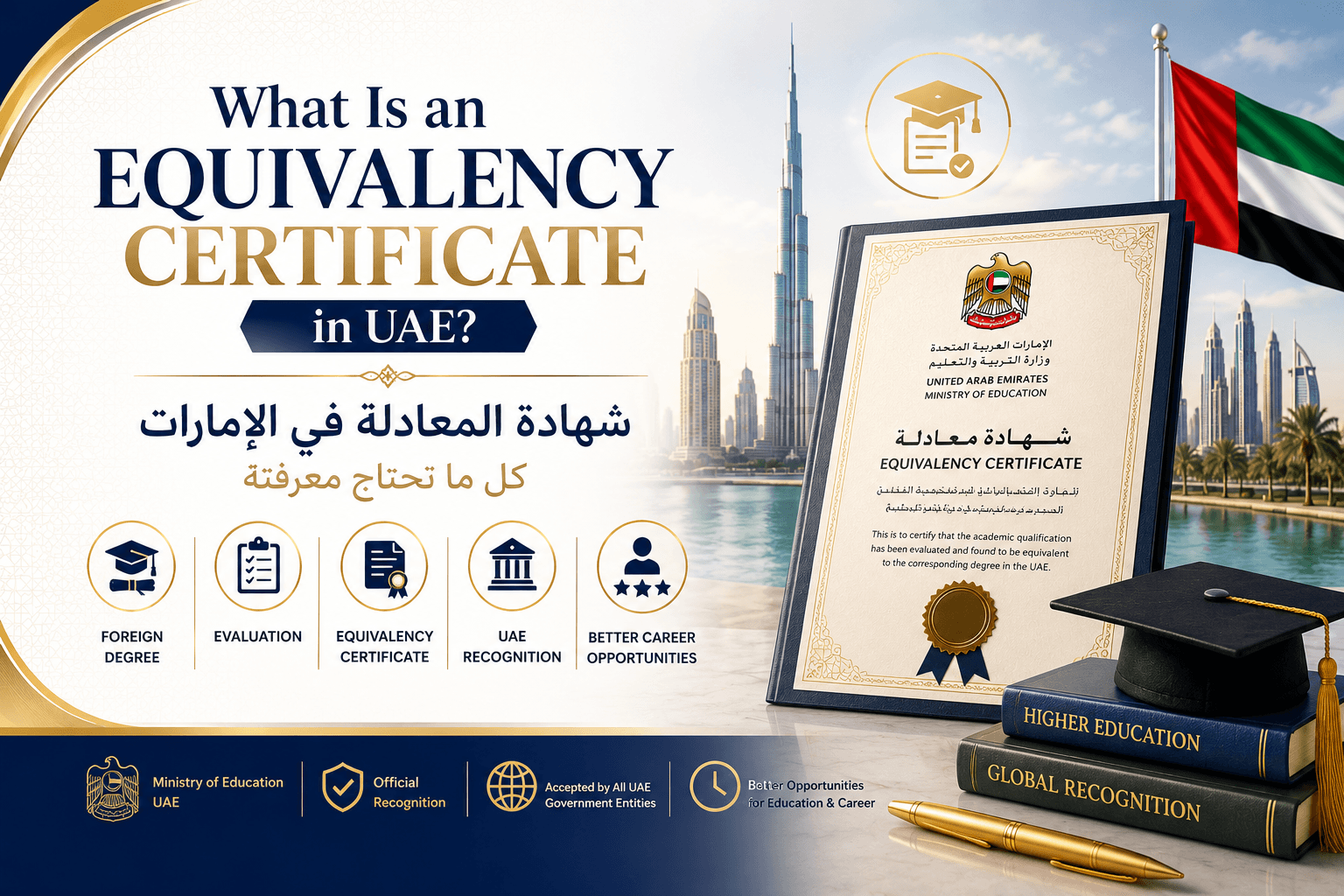 Infographic guide summarizing the UAE Equivalency Certificate process for 2026, including steps for degree verification and attestation.