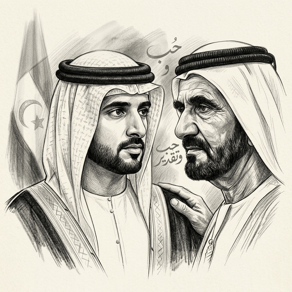 رسم فني يجسد قيم الوفاء والتقدير بين الشيخ حمدان بن محمد بن راشد ووالده في يوم الأب بالإمارات.