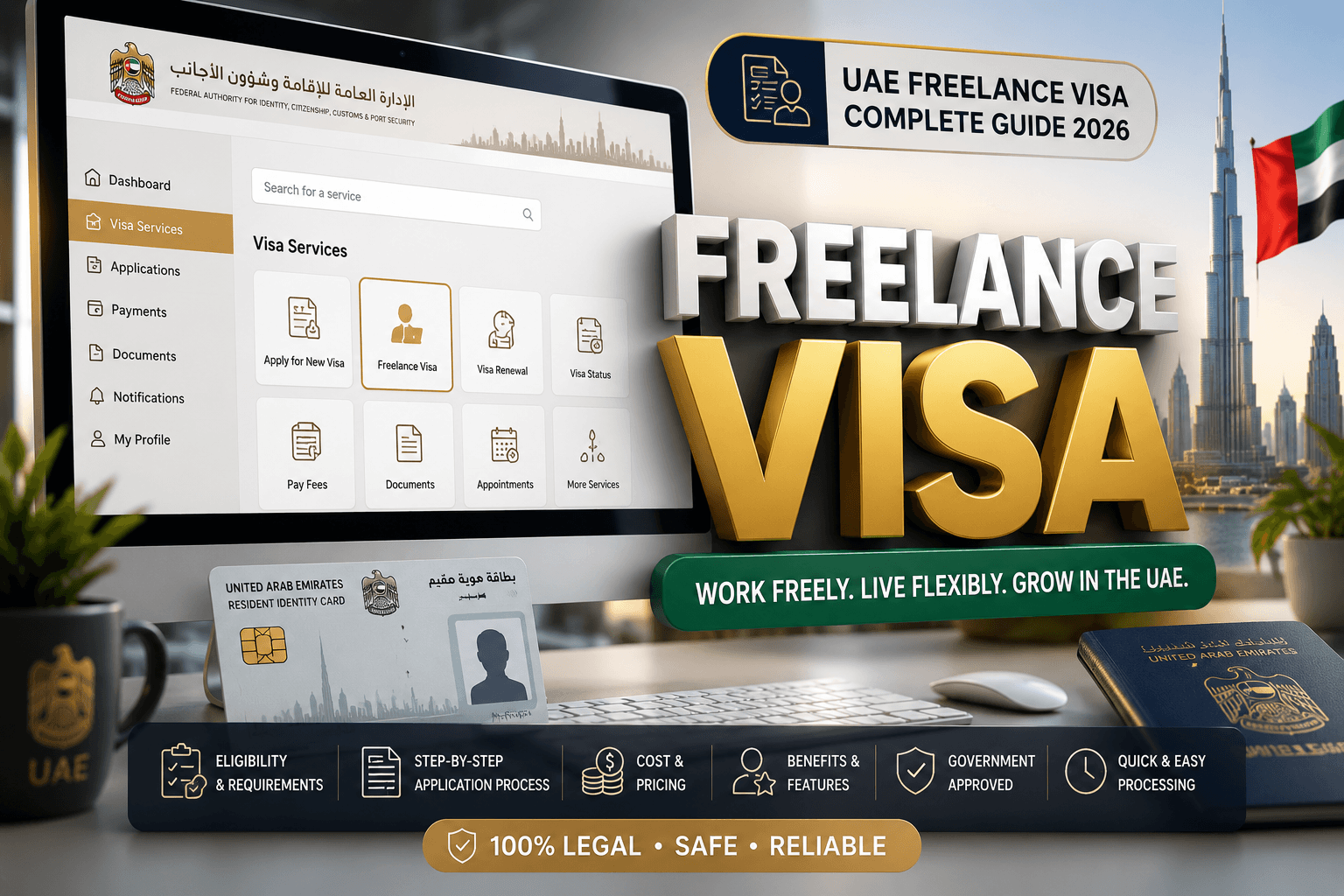 UAE Freelance Visa 2026 complete guide showing the online visa application portal, freelance visa dashboard, eligibility, requirements, cost, and application process in the UAE.
