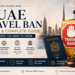 UAE Travel Ban Check and Complete Guide 2026 featuring Dubai skyline, UAE passport, travel suitcase, and stop sign for checking, understanding, and removing UAE travel bans.