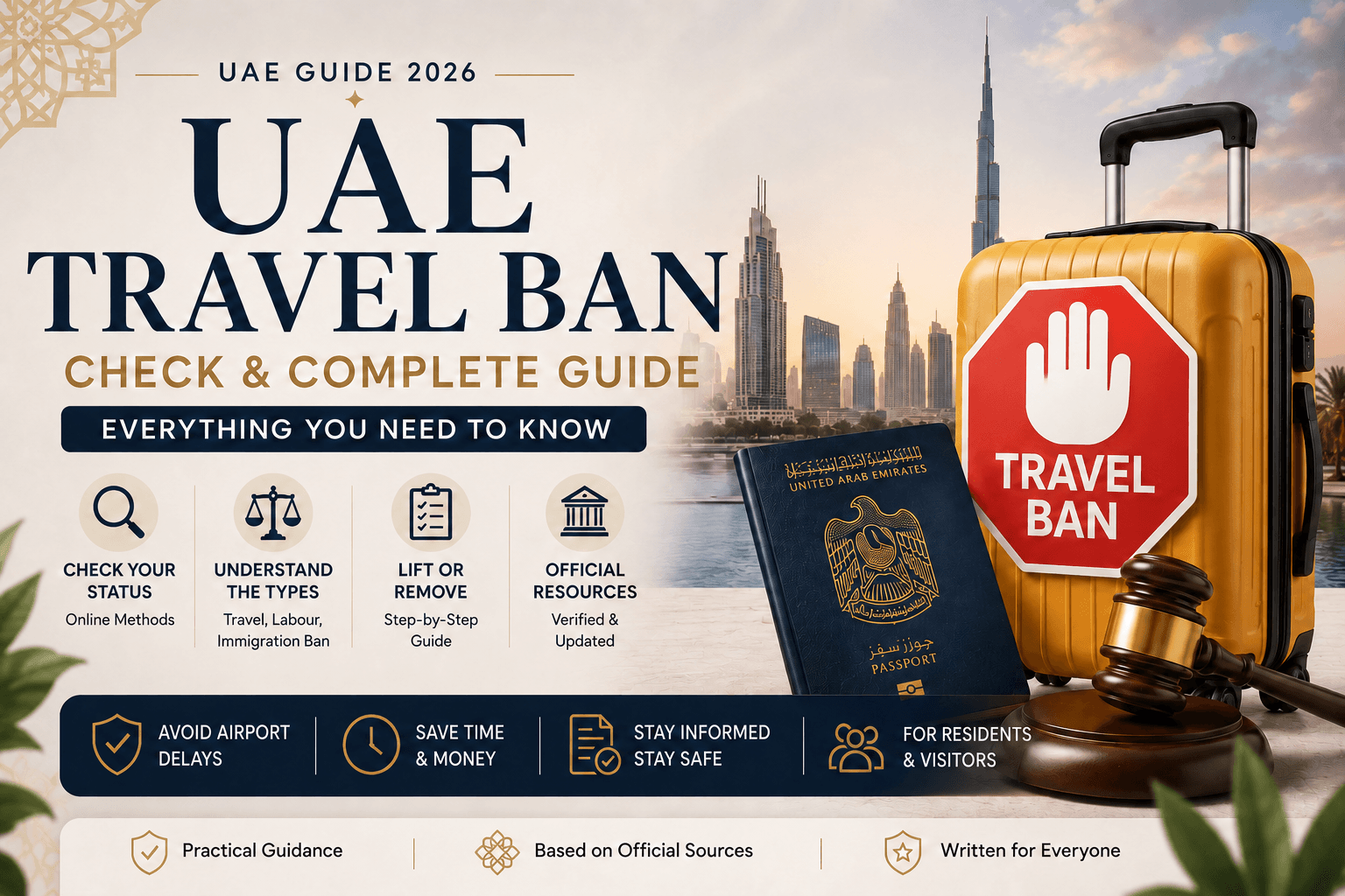 UAE Travel Ban Check and Complete Guide 2026 featuring Dubai skyline, UAE passport, travel suitcase, and stop sign for checking, understanding, and removing UAE travel bans.