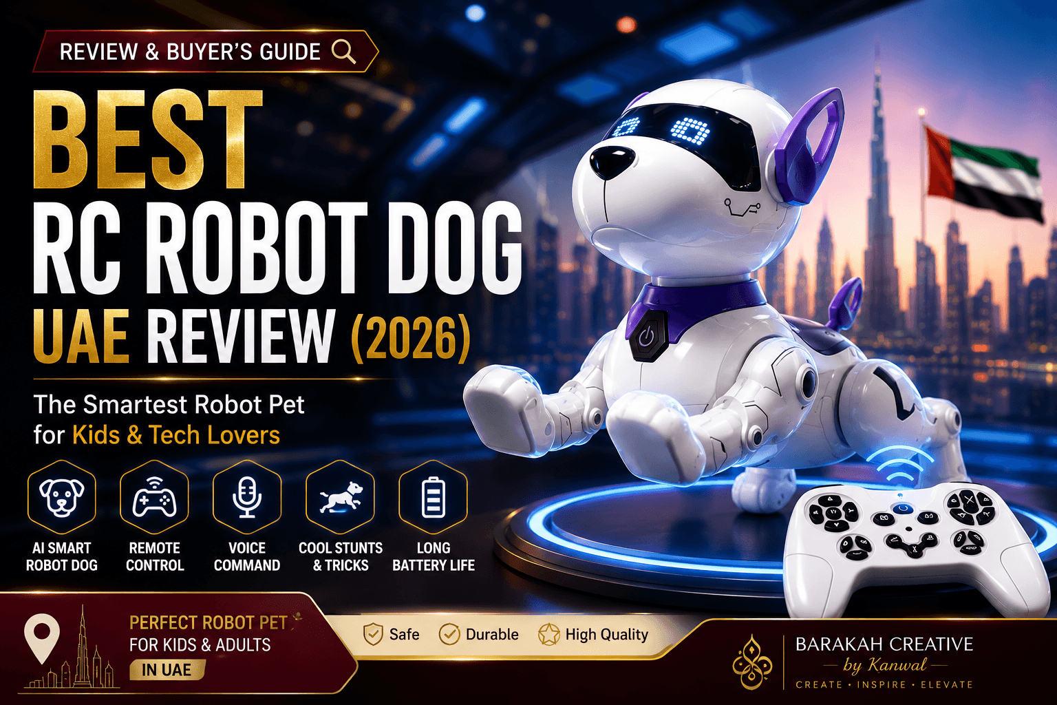 Best RC Robot Dog UAE Review 2026 featuring an AI smart robot dog toy with remote control, voice command, and long battery life for kids and tech lovers in the UAE.