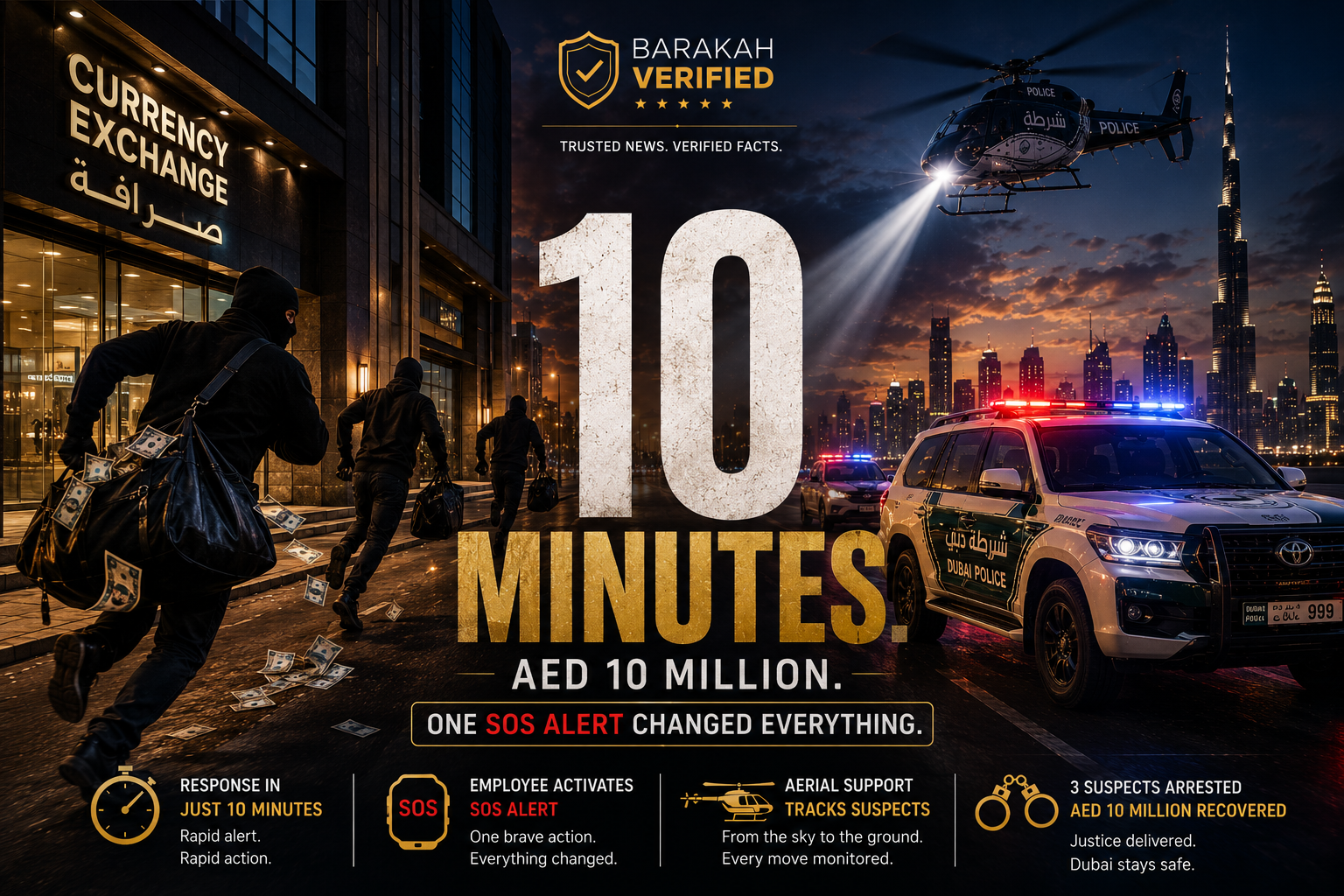 Dubai Police recovering AED 10 million after a Deira robbery as suspects flee with cash while police vehicles and a helicopter respond within 10 minutes.