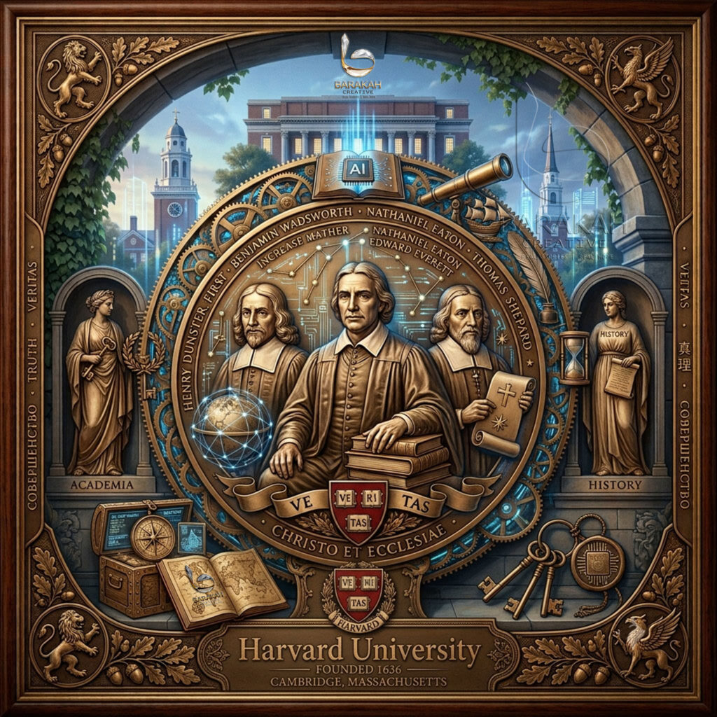Ornate neoclassical illustration merging Harvard University founders with glowing symbols of AI, neural networks, and digital innovation.