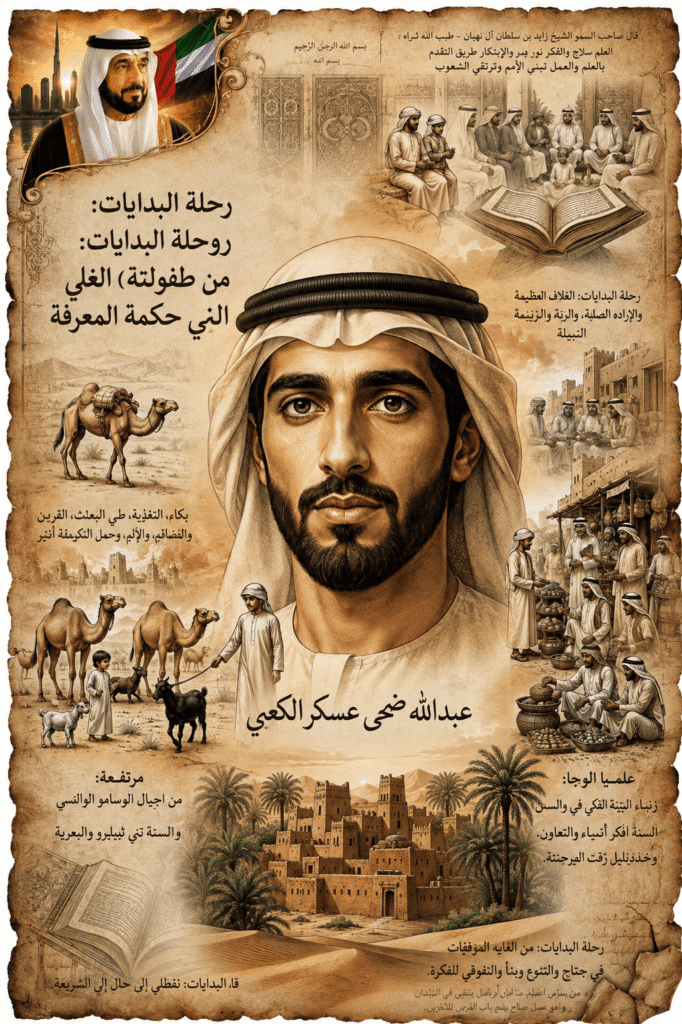 An artistic visual of Abdullah Dhuha Askar Al Kaabi's early life and the traditional Emirati environment that shaped his childhood in Al Filli-Barakah Creative By Kanwal