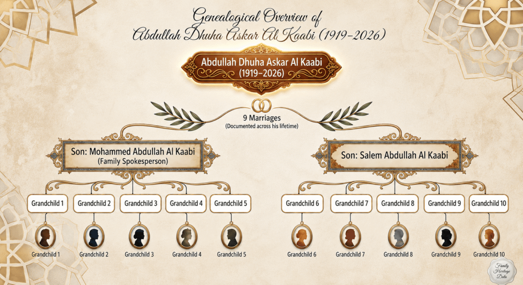 Family tree of Emirati elder Abdullah Dhuha Askar Al Kaabi showing his nine marriages, two sons, Mohammed and Salem, and ten grandchildren.