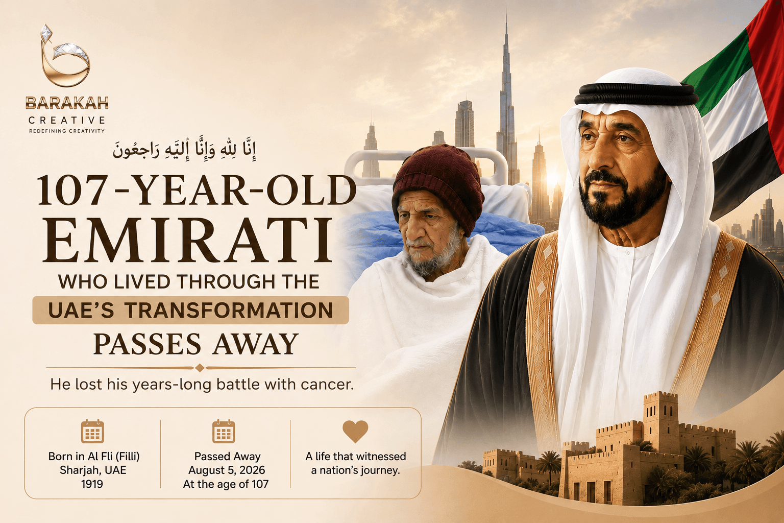 Memorial tribute graphic for Abdullah Dhuha Askar Al Kaabi, the 107-year-old Emirati centenarian from Al Filli, Sharjah, who witnessed the UAE's historic transformation.