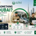 Dubai Police Lost and Found doorstep delivery service infographic illustrating the process of recovering, verifying, and delivering lost items to residents across the UAE, by Barakah Creative by Kanwal.