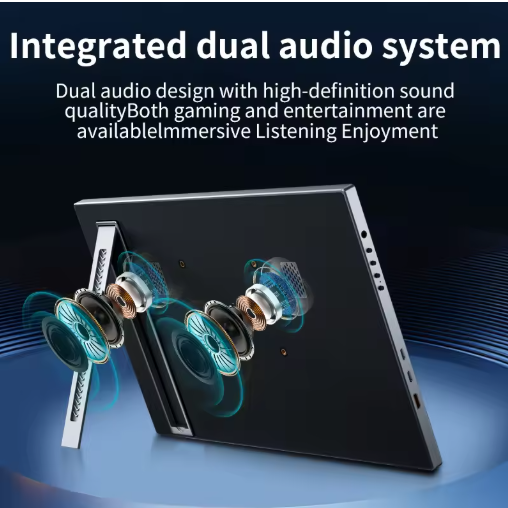 HGFRTEE 15.6-inch 1080p portable monitor with integrated dual audio system and built-in speakers for gaming and entertainment