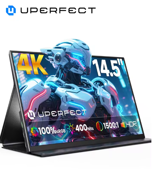 UPERFECT 14.5-inch 4K portable monitor with 100% sRGB, 400 nits brightness, 1500:1 contrast ratio, and HDR support
