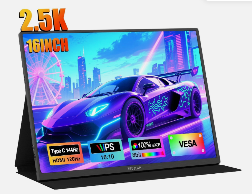 16-inch 2.5K portable gaming monitor with 144Hz USB-C and 120Hz HDMI refresh rates, IPS display, 100% sRGB, 8-bit color, and VESA support