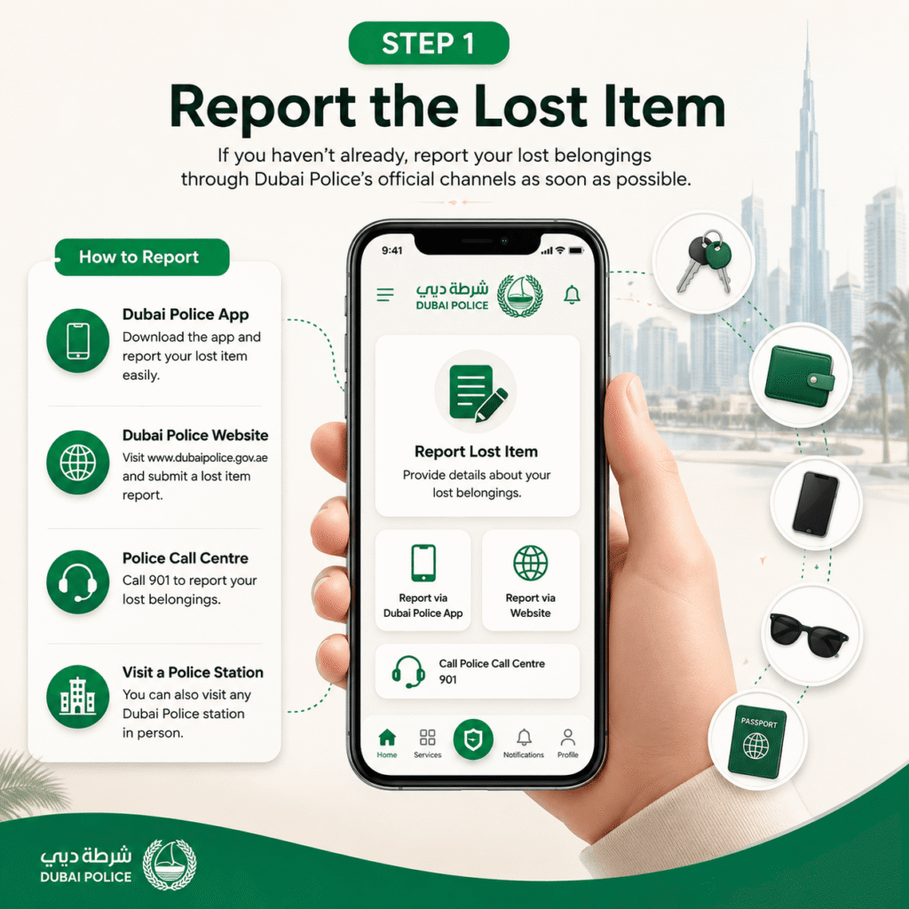 Step 1 infographic showing how to report a lost item through the Dubai Police Lost & Found Doorstep Delivery Service using the Dubai Police app, website, Police Call Centre 901, or a police station.