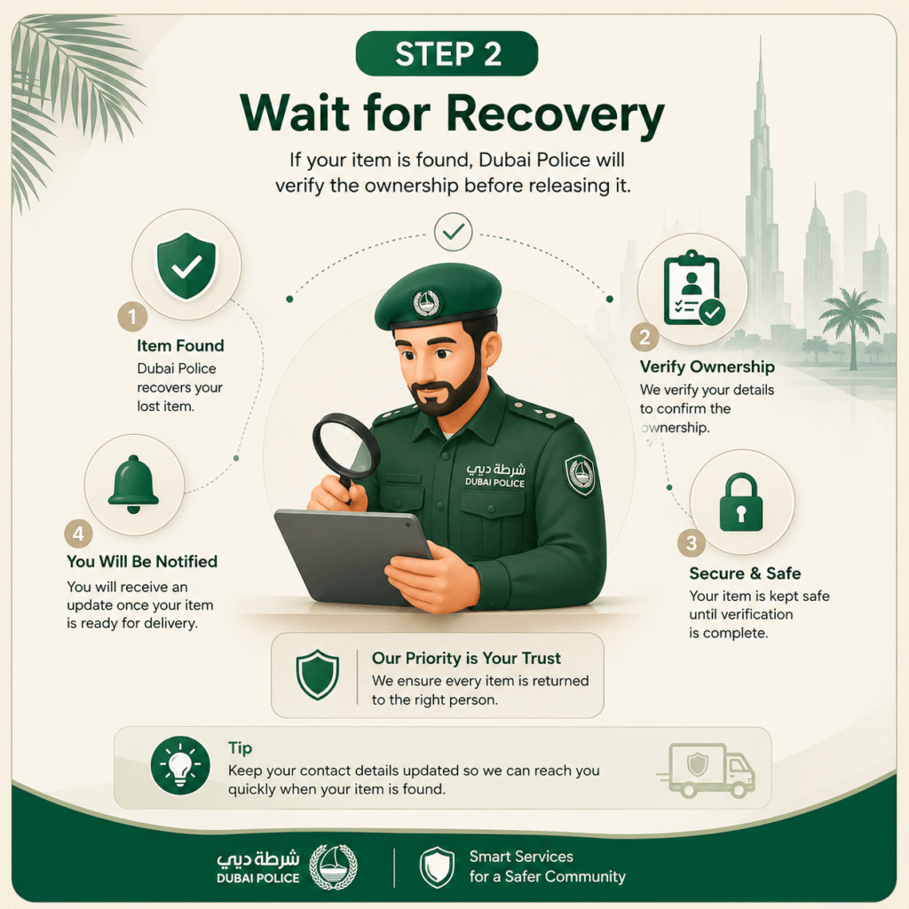 Step 2 infographic explaining how Dubai Police verifies recovered lost items before releasing them through the Dubai Police Lost & Found Doorstep Delivery Service in the UAE.
