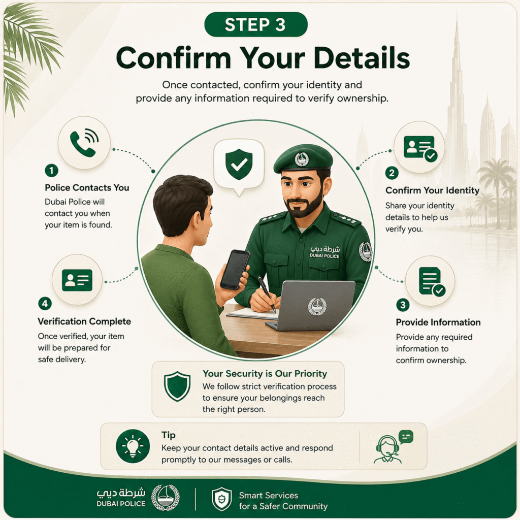 Step 3 infographic showing the identity verification process for the Dubai Police Lost & Found Doorstep Delivery Service, where residents confirm their details before recovered belongings are approved for delivery.