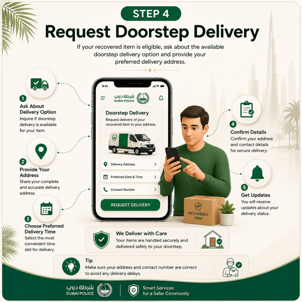 Step 4 infographic showing how to request Dubai Police doorstep delivery for recovered lost belongings by confirming the delivery address and contact details.
