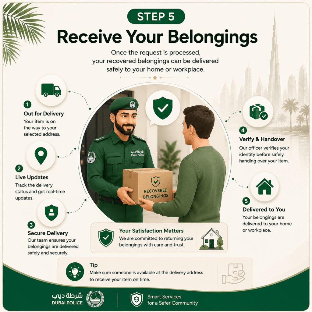 Step 5 infographic showing Dubai Police safely delivering recovered lost belongings to a resident's home through the Lost & Found Doorstep Delivery Service in the UAE.