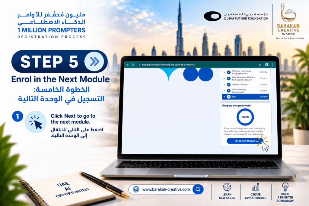 One Million Prompters Dubai Step 4 guide to completing lessons and quiz